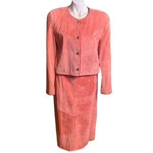 Evan Davies 80s Vintage Dusty Pink Mauve Two Piece Suede Skirt Suit Set Sz 14